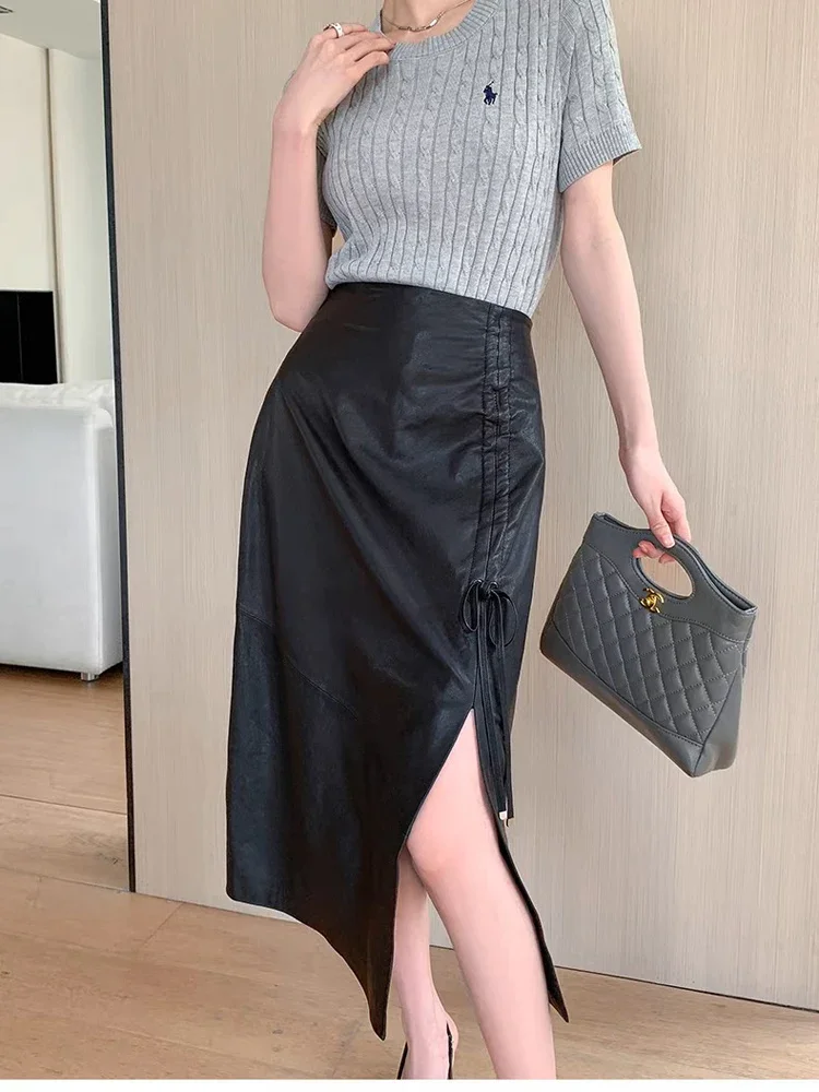 

Women Long Real Leather Skirt Sexy High waist Calf-Length 100% Sheepskin Slim Pencil Skirt Femme Side Fork Split Saia