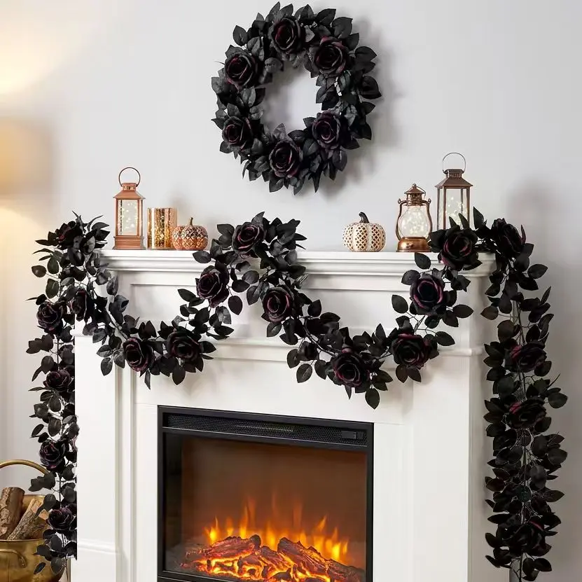 Matte Black and Deep Red Artificial Garland for Halloween Decor Suitable for Indoor Outdoor Use in Themed Displays