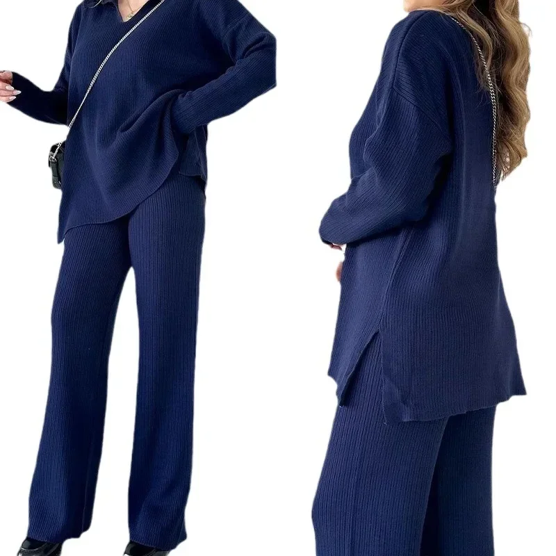 Set da due pezzi in maglia divisa Completi da donna Top a maniche lunghe tinta unita e pantaloni a gamba larga in vita elastica Set tuta primavera