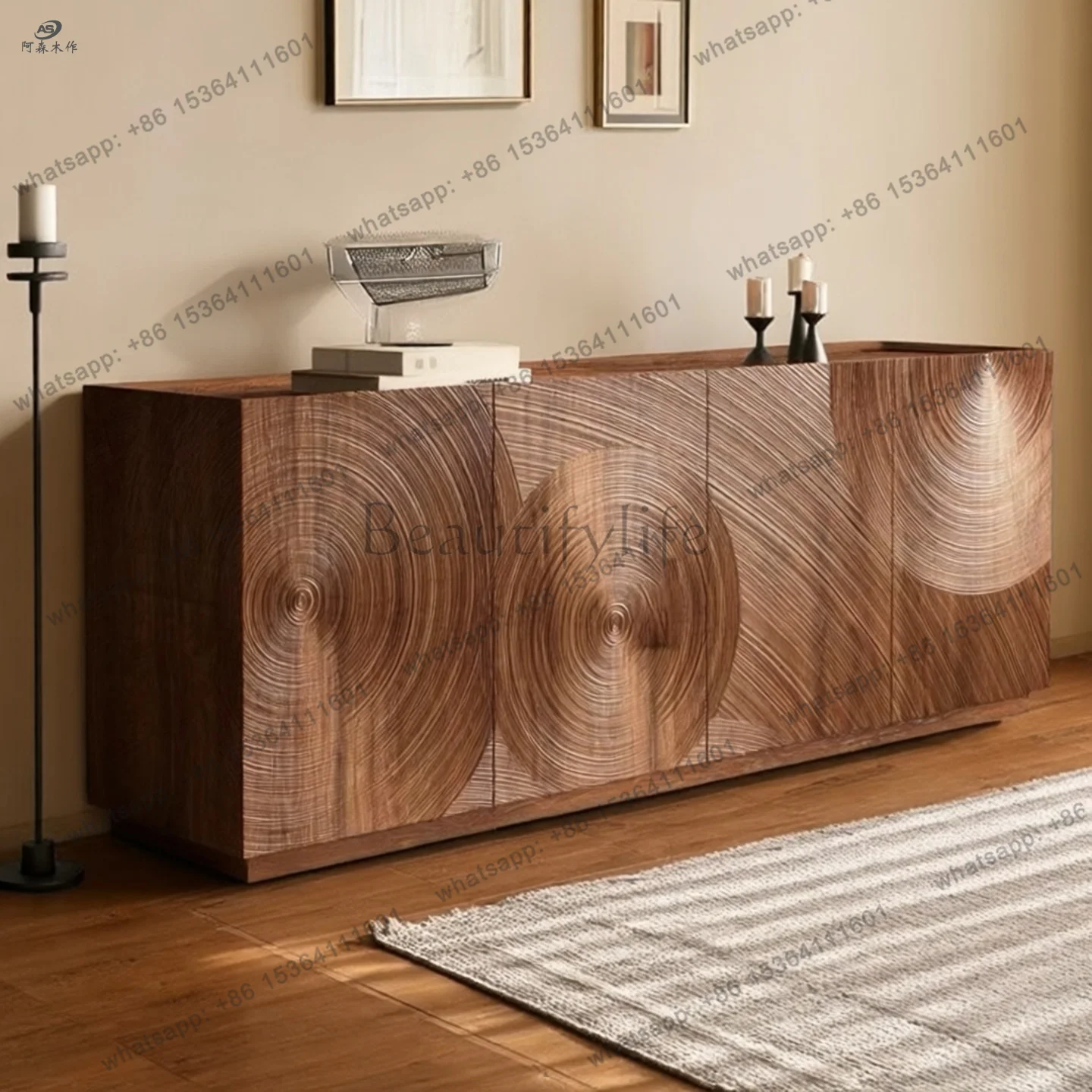 

North American black walnut solid wood sideboard, Italian light luxury art carving, living room against the wall, home locker