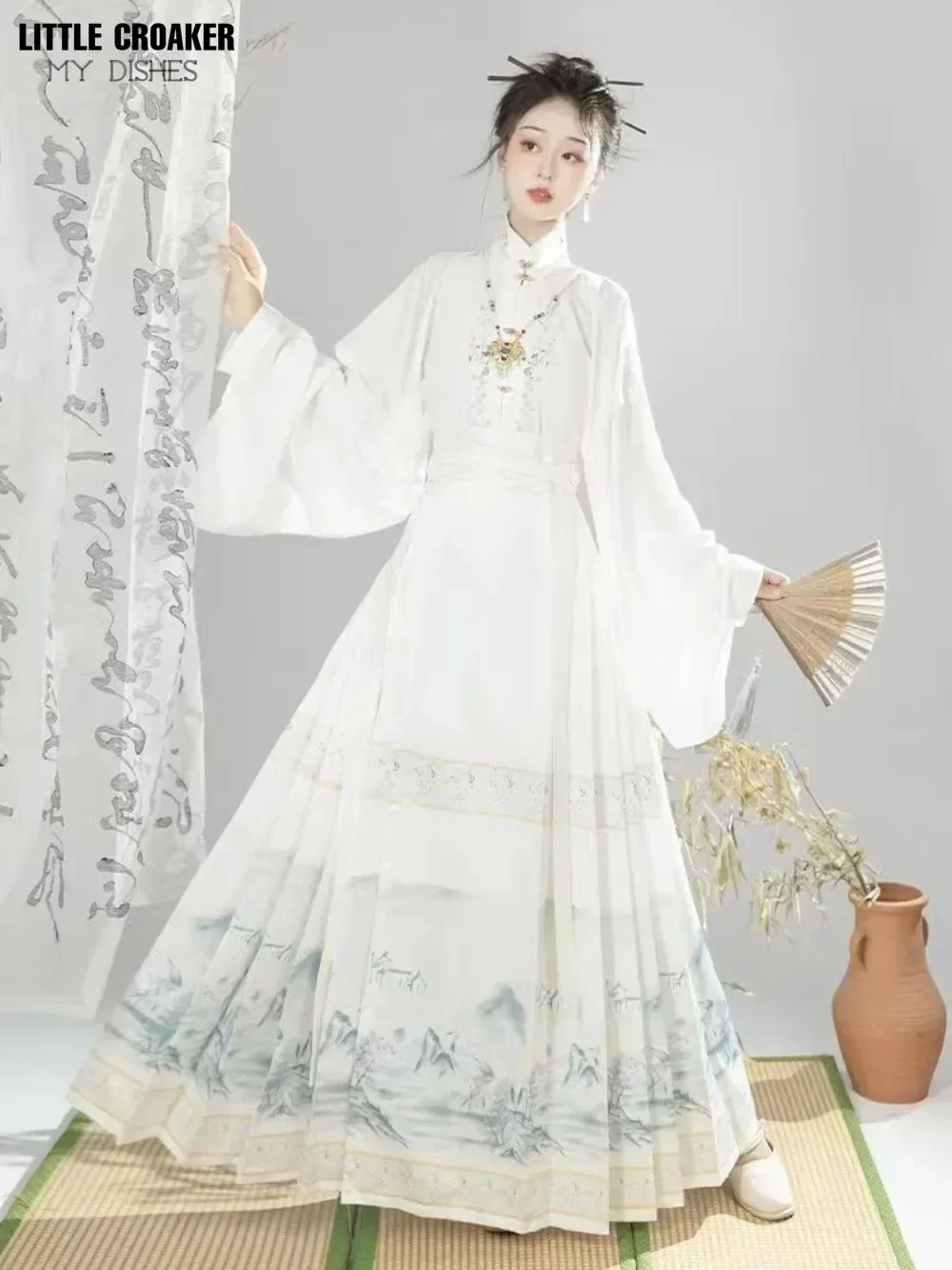 Retro Hanfu Horse-face Skirt Set Modern Elegant Women Chinese Oriental Costume Fashion Chinese Traditional Dress Hanfu White