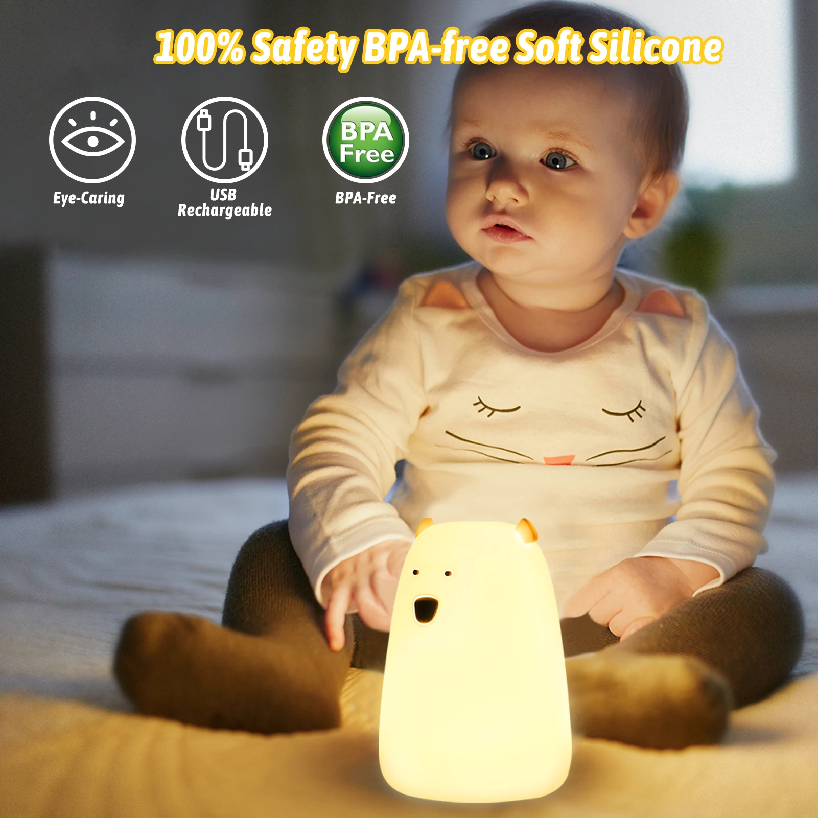 Urso LED Night Light Decoração, lâmpada de cabeceira, Silicone, Touch Sensor, Tap Control, bebê, crianças, Ddormitorio, Bonito