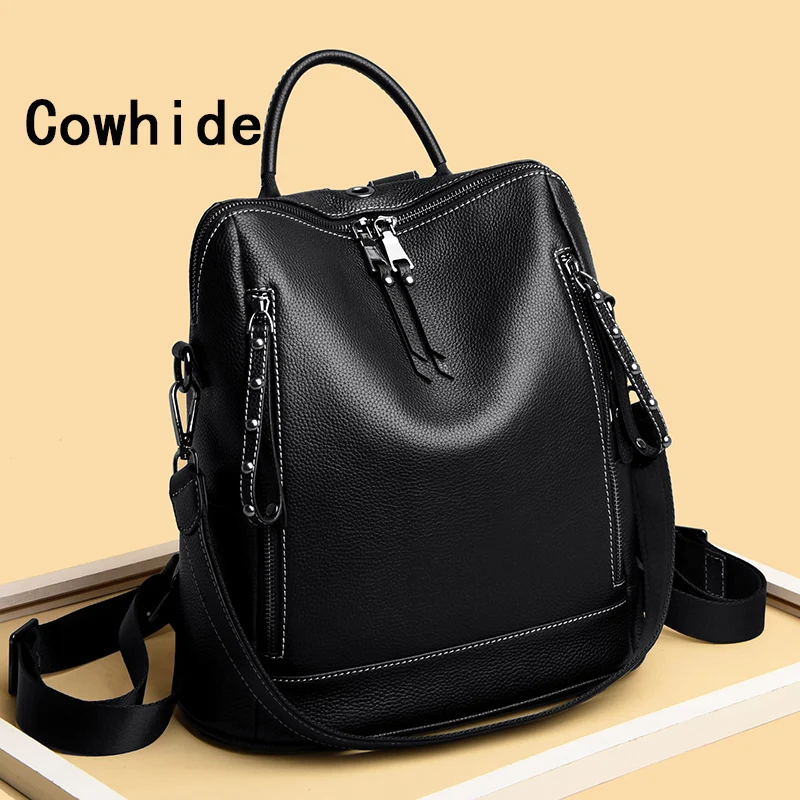 Mochila De piel de vaca para mujer, bolso escolar de gran capacidad, de cuero suave, de alta calidad, para ocio y viaje, color negro, novedad de 2023