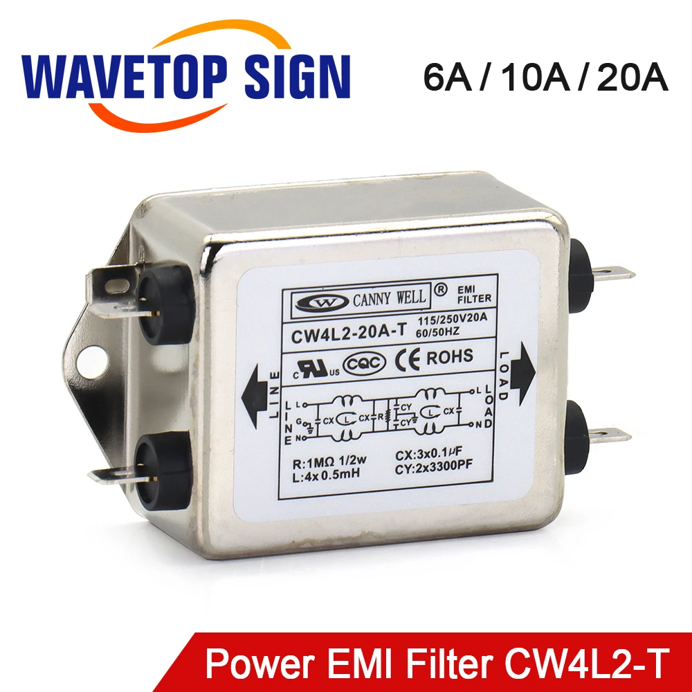 Filtro do poder do WELL-EMI de CANNY para a máquina do laser, CW4L2-20A-T, CW4L2-10A -T, CW4L2-6A -T, C.A. 115V, 250V, 20A, 50Hz, 60Hz, fase monofásica