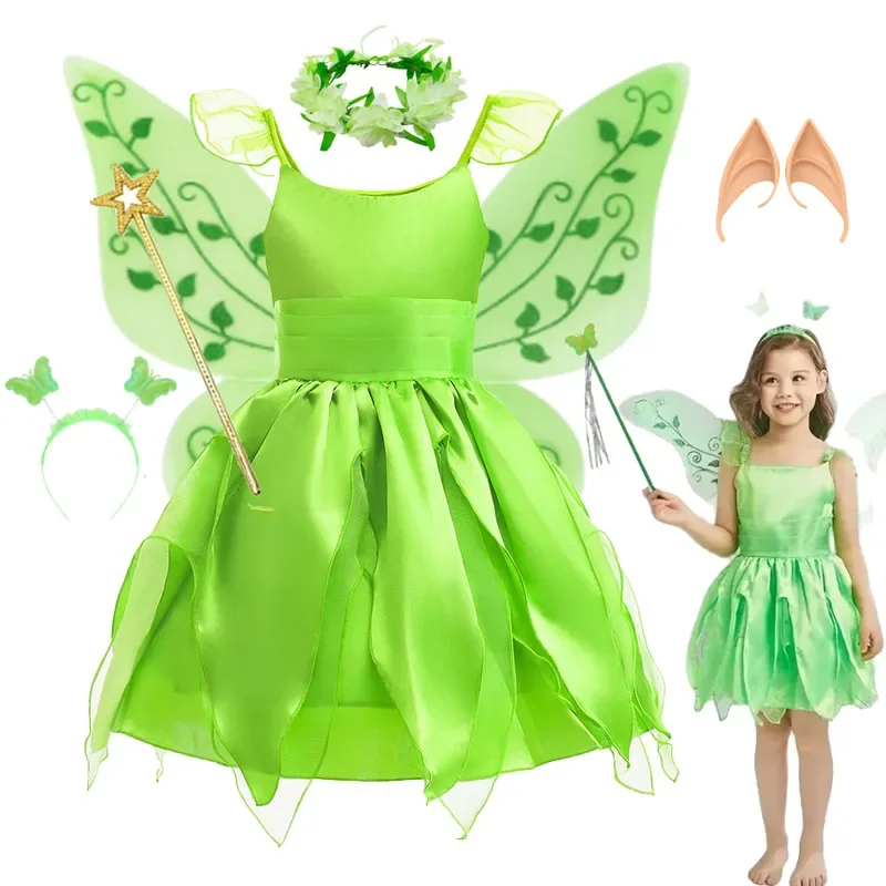 Girls Tinker Bell Fairy Tiana Costume For Girl 2024 Photo Shoot Children Clothing Princess Elf Birthday Ball Gown Dress Wing