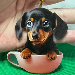 Cute Dachshund in Tea Cup 2D Acrylic Keychain Novel Dog Pendant Versatile Charm for Car Mirror,Backpack,Home,Festive,Gift &Decor