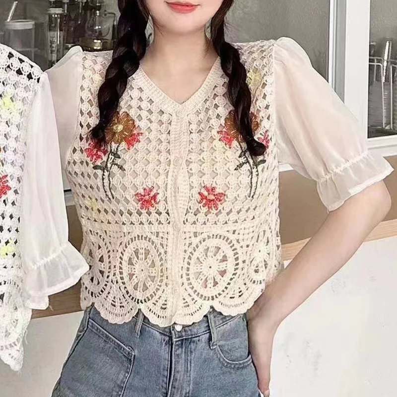 

Crochet Knit Top Women Chiffon Sleeve V-Neck Button Up Embroidery Floral Blouse Cardigan Summer Fairycore Cottagecore Outfit