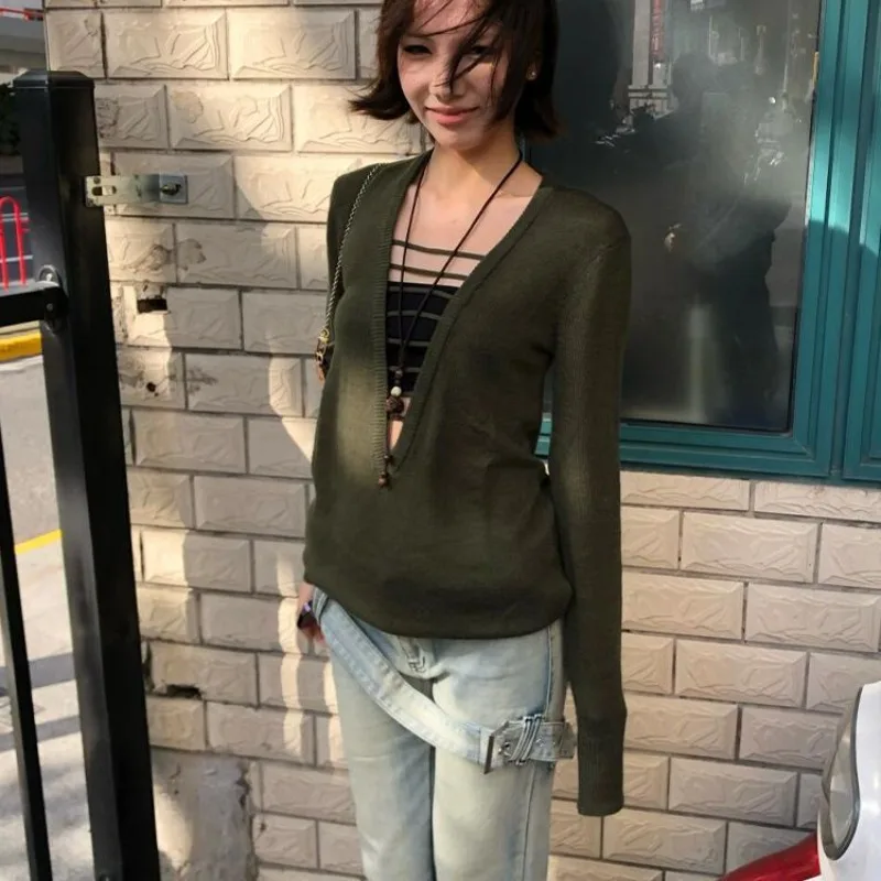 Deeptown Groene Vintage Hollow Out V-hals Vrouwen Truien Sexy Y2k Japanse Jaren 2000 Stijl Slanke Gebreide Truien Harajuku Gyaru
