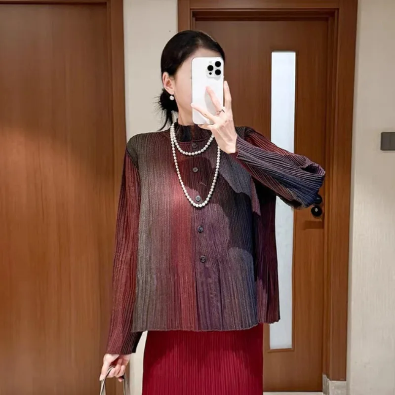 Miyake Pleated Shirt 2025 Women's Oversized Stand Collar Gradient Design Cardigan Fall New Top Elegant Fashionable Outerwear