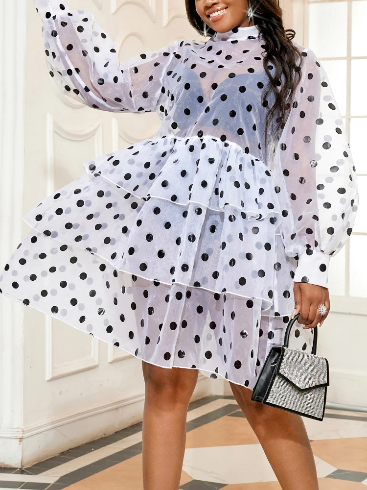 

AOMEI Polka Dot Oganza Tulle Dress Sheer Loose White A Line Women Mock Neck Long Sleeve Ruffles See Through Party Gown Plus Size