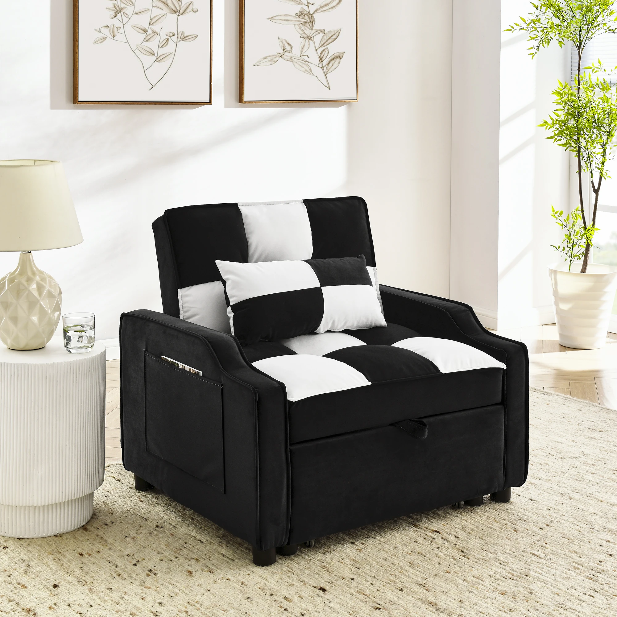 modern velvet armchair sofa couch pull out bed,3 in one convertible for living room sofa bed,black white