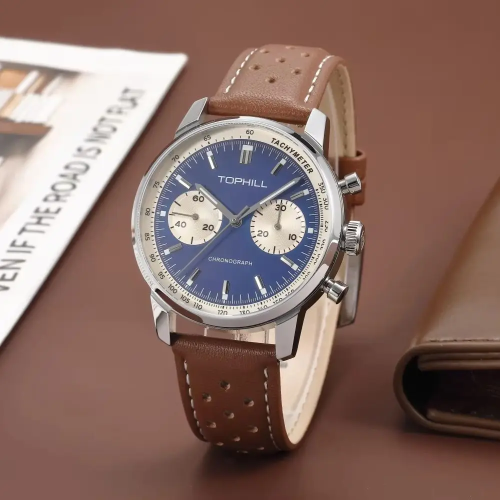 TOPHILL Vintage Racing Chronograph Men’s Mechanical Watch ST1901 Seagull Movt. Pilot Military Leather Strap Sapphire 5ATM TL027G