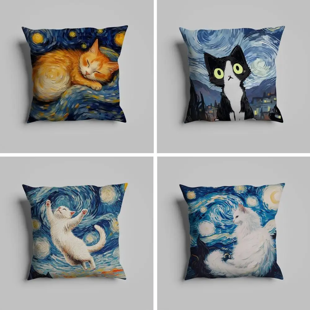 

cute Cat Van Gogh Starry Sky Pillow Case luxurious home office, sofa decorative Multi sized car seat cushions, pillowcases