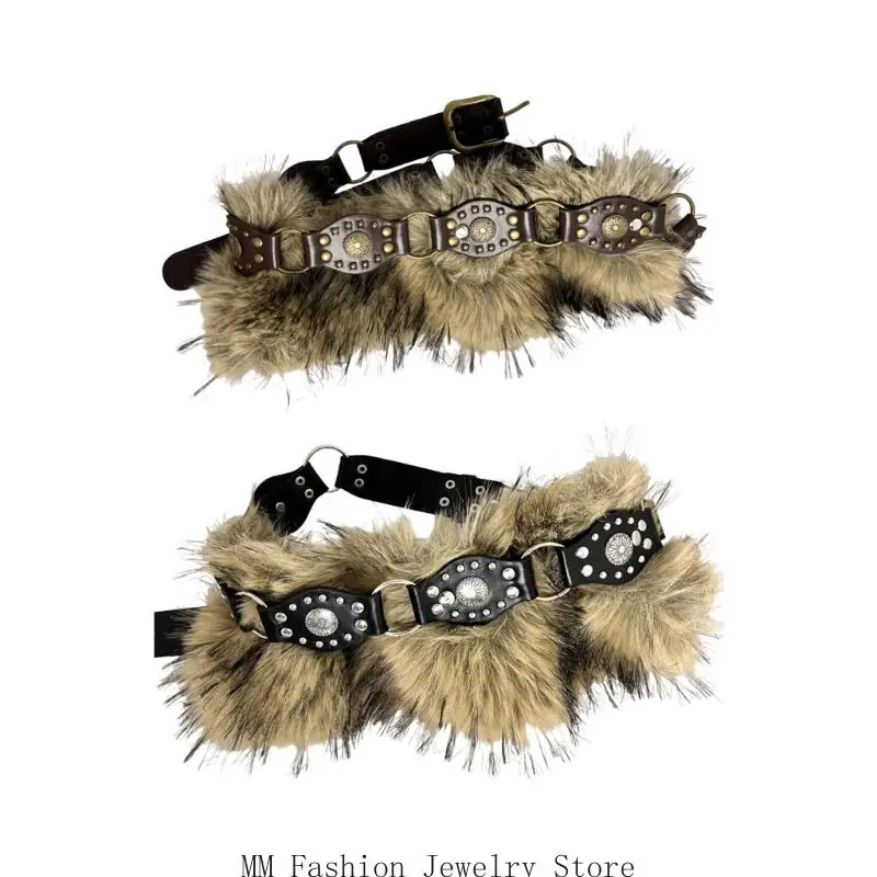 

D0UB Ремень из искусственной кожи в стиле панк-рок с плюшевым меховым акцентом, декоративный поясной ремень кофейного/черного