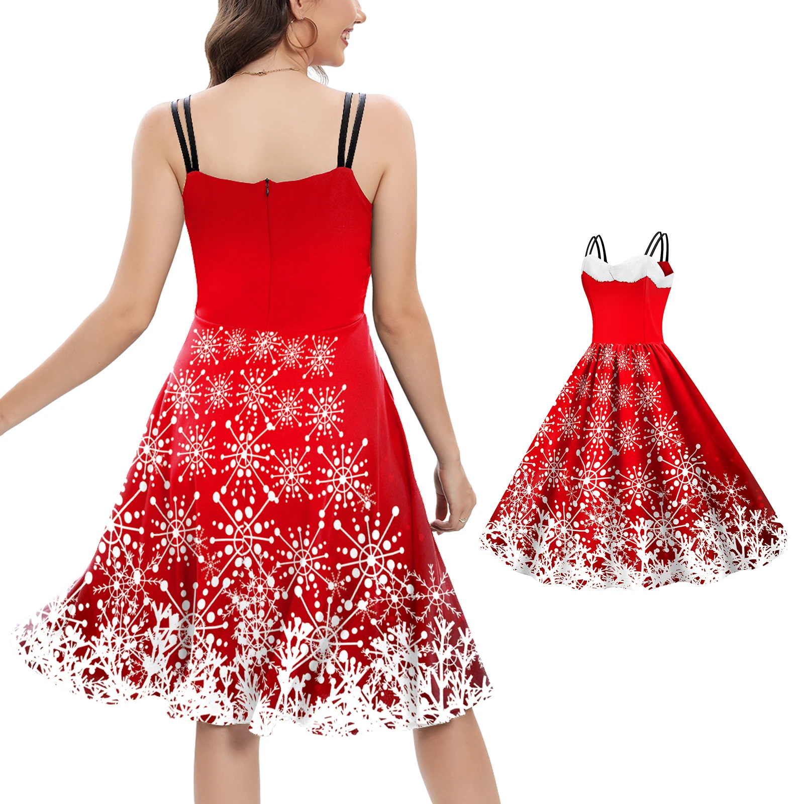 

Red Christmas Costumes Holidays Party Rockabilly Dress DRESSES Big Swing Robe Vintage Ladies Snowflake print 3D Autumn Festival