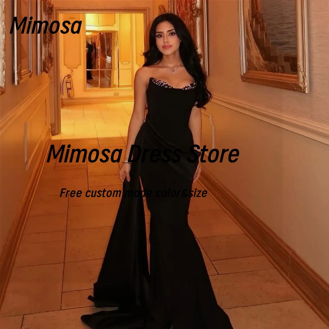 ミモザ ブラック マーメイド プロムドレス ビーズ付き スイートハート イブニングドレス シャーリング付き ロング フラッターズ ローブ デ ソワレ カスタマイズ