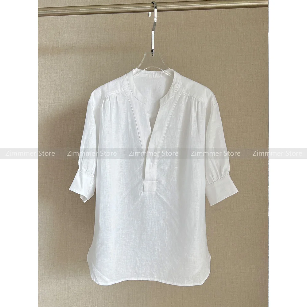 

Linen short-sleeved solid color casual pullover simple shirt V-neck loose versatile fashion white top