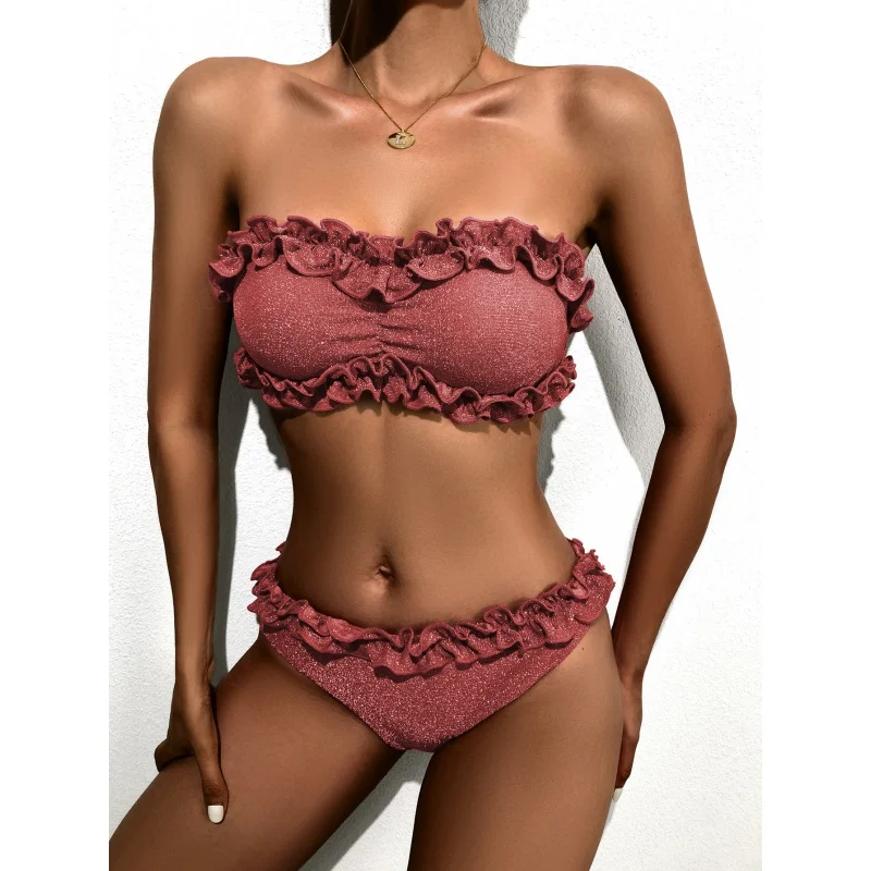 Bikini Double New Bikini Solid Color Swimsuit Sexy Swimwear Women Backless Swimsuit Lacebikini6609