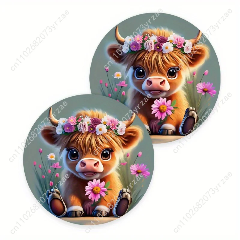 

Cute Cow Floral Car Coasters 2pcs Absorbent Anti Slip Car Coasters Scalding Waterproof Easy Clean Car Interior Accessories