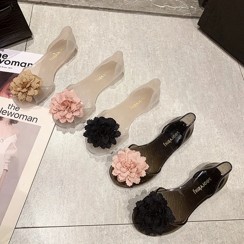 Damen-Jelly-Sandalen mit Fischmaul-Blumen-Dekor, transparentes PVC, rutschfest, flach, Frühling, Sommer, modische Schuhe im koreanischen Stil, Sandalen