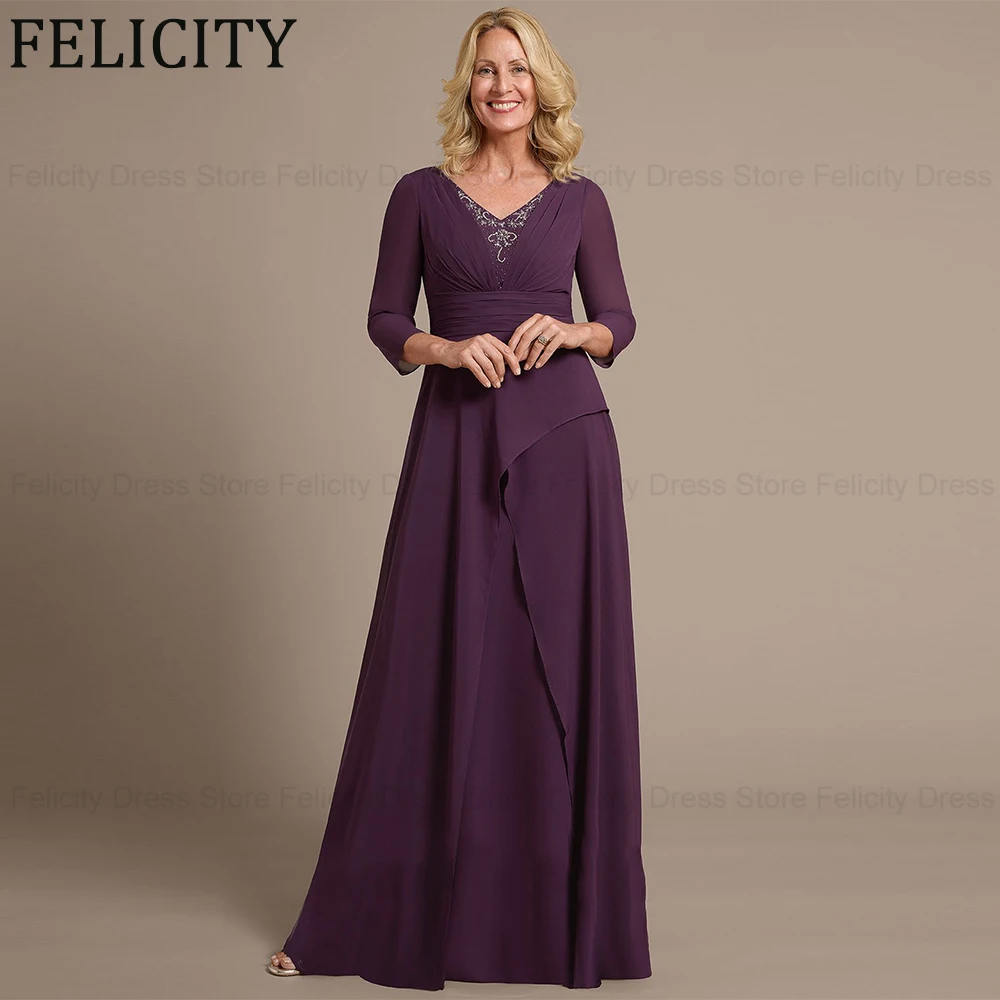 

FELICITY Elegant Purple Mother of the Bride/Groom Dresses 2025 A-line V-Neck Chiffon Pleated Beading Wedding Guest Party Dresses