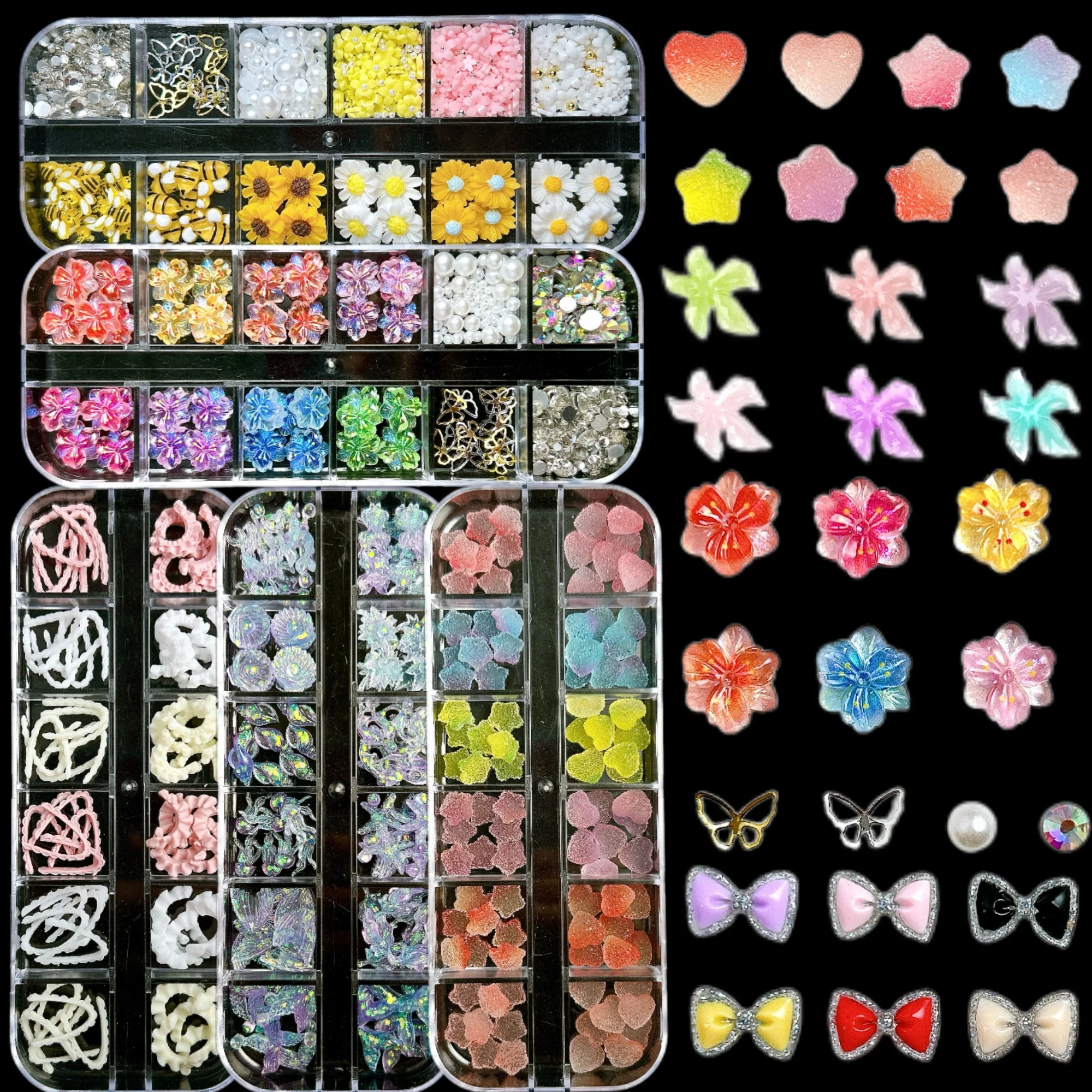 1 caja de dibujos animados 3D, bonita abeja, libélula, Margarita dulce, decoraciones artísticas para uñas de resina, lazo colorido, corazón, estrella de mar, encaje, dijes para uñas DIY