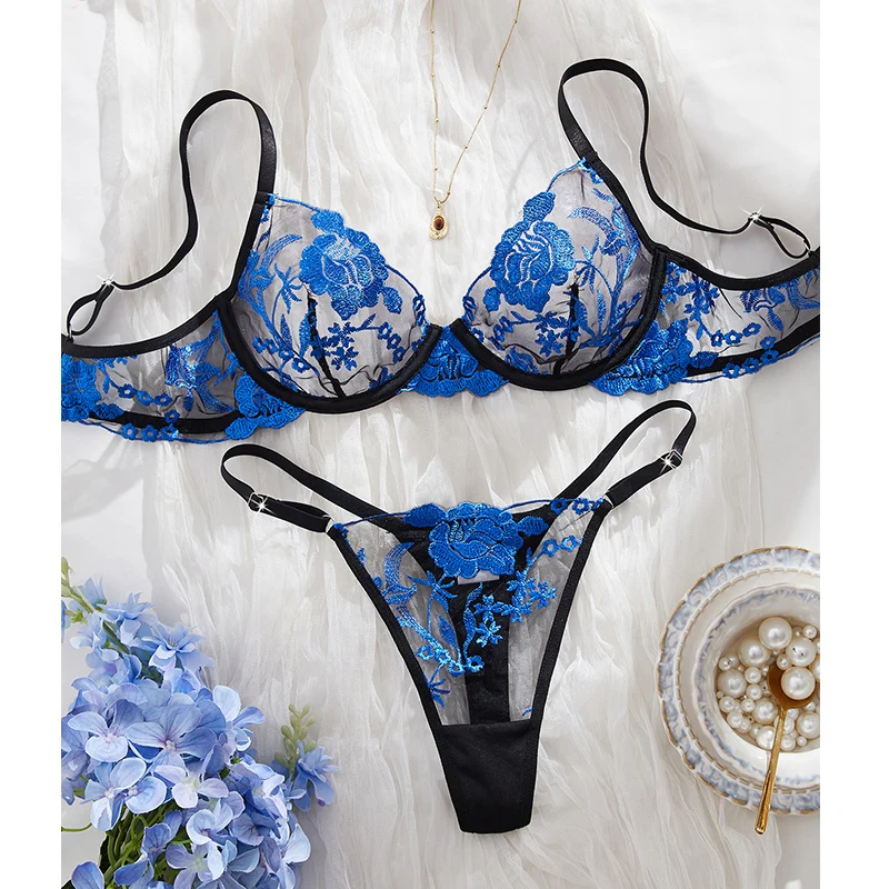 

Sexy Lingerie Ultra Thin Mesh Underwear Floral Embroidery Bra Sets Transparent Erotic Lingerie Pure Desire Intimate Lingerie Set