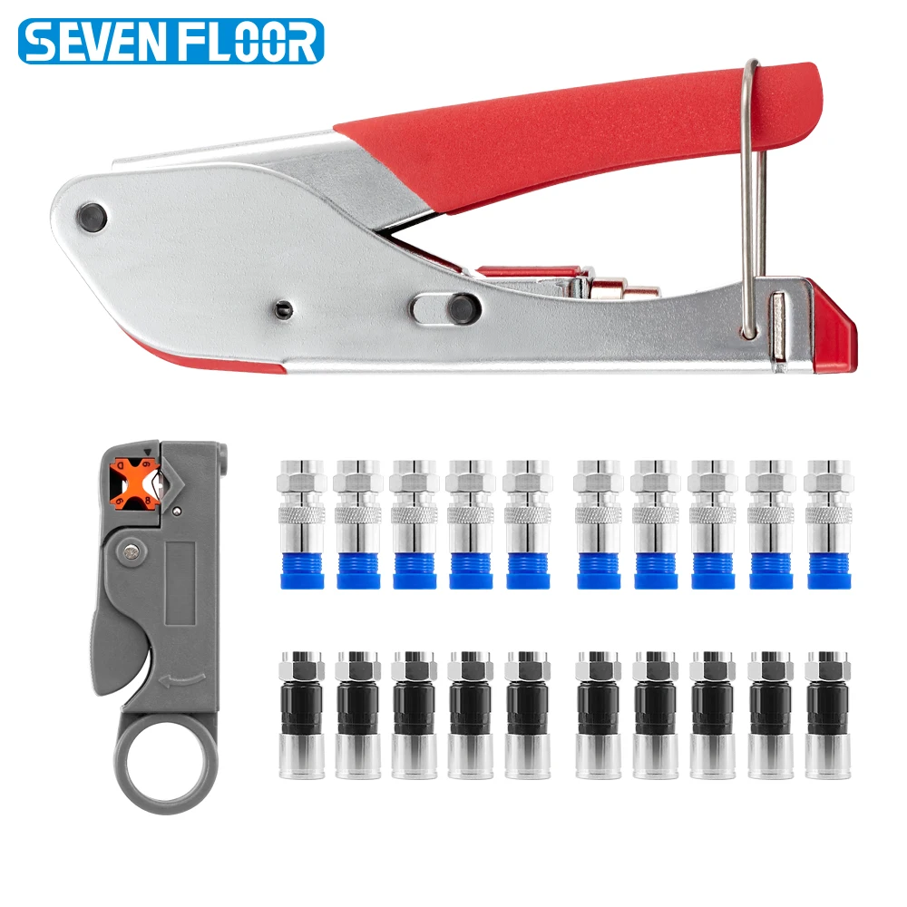 Kit de crimper de cabo coaxial - Ferramenta de compressão ajustável para RG6, RG59, inclui descascador de cabo coaxial e conectores 5 F