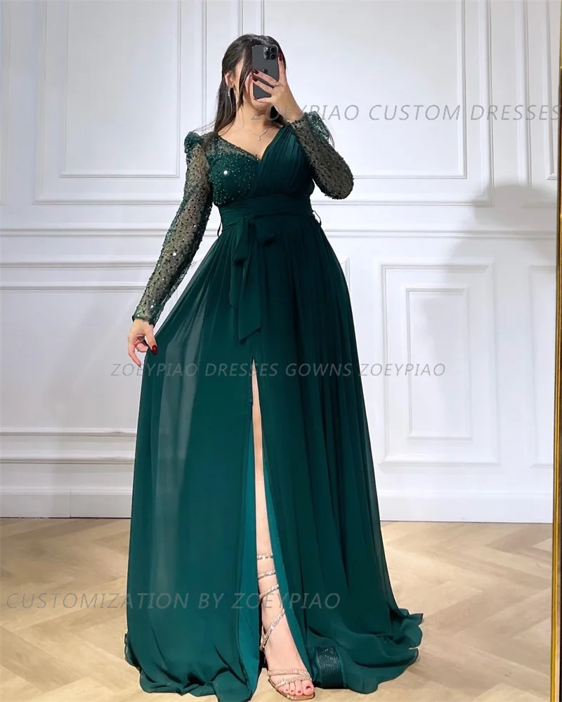 Green Simple Formal Occasion Dresses 2024 High Quality Long Sleeves Shiny Sequins Side Slit Evening Party Gowns فساتين الحفلات