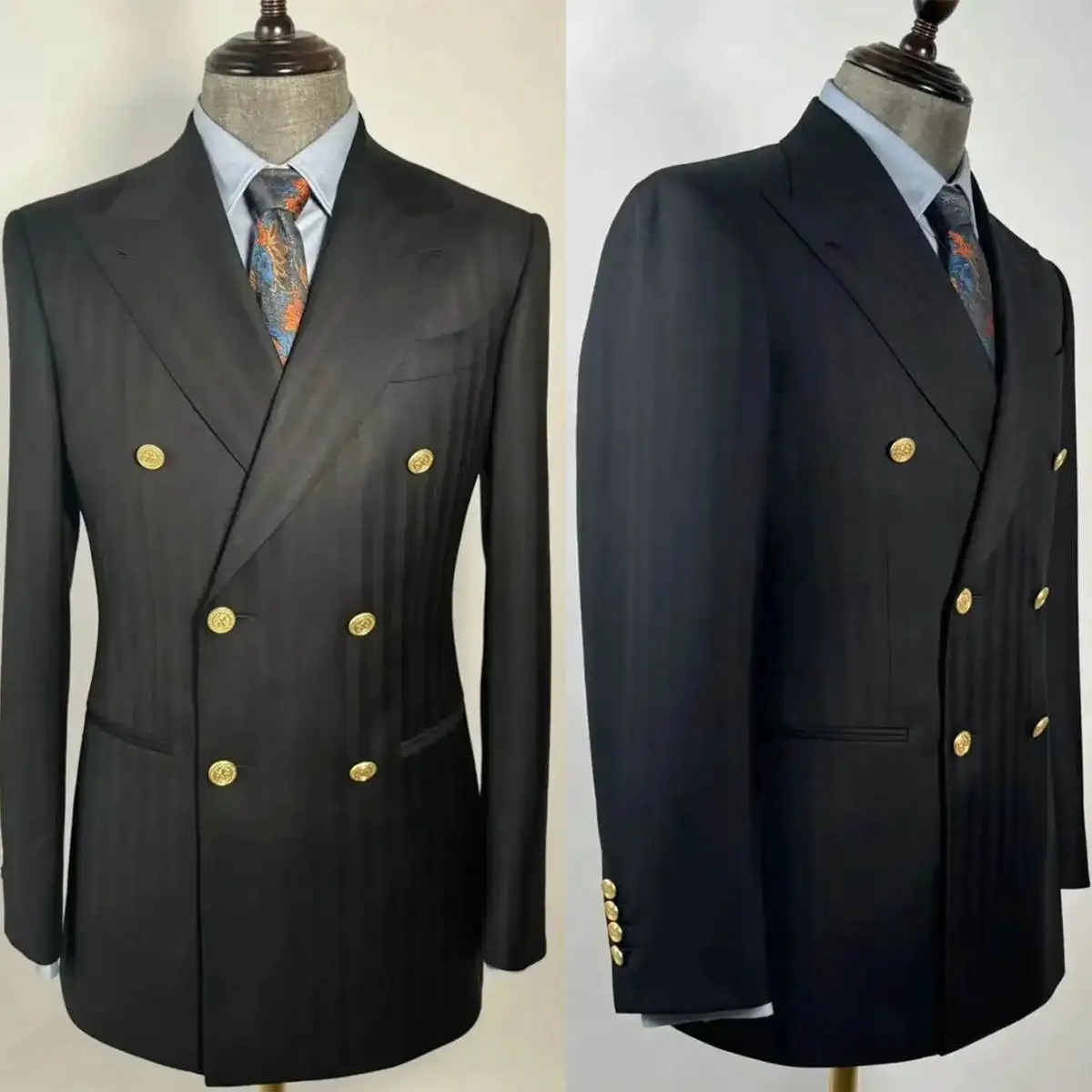 

Vintage Peaked Lapel Jacket Handsome Stripe Double Breasted Tuxedos Groomsmen Jacket Pants 1 Piece Formal Dress Customized