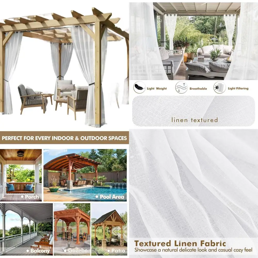 

Waterproof White Sheer Curtains, 4-Panel Set, Linen Semi-Voile Drapes, 54W x 108L for Outdoor Spaces