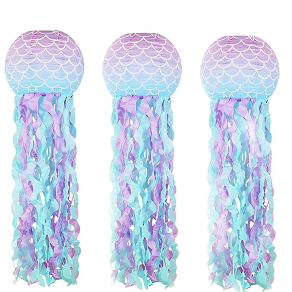 3PCS Mermaid 8INCH/10Inch Paper Lanterns Set  Jellyfish Scales Design under the Sea Theme Party Decorations