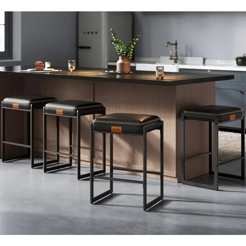 EKHO Collection - Bar Stools Set of 4, Counter Height Bar Stools, Synthetic Leather with Stitching, Mid-Century Modern Counter