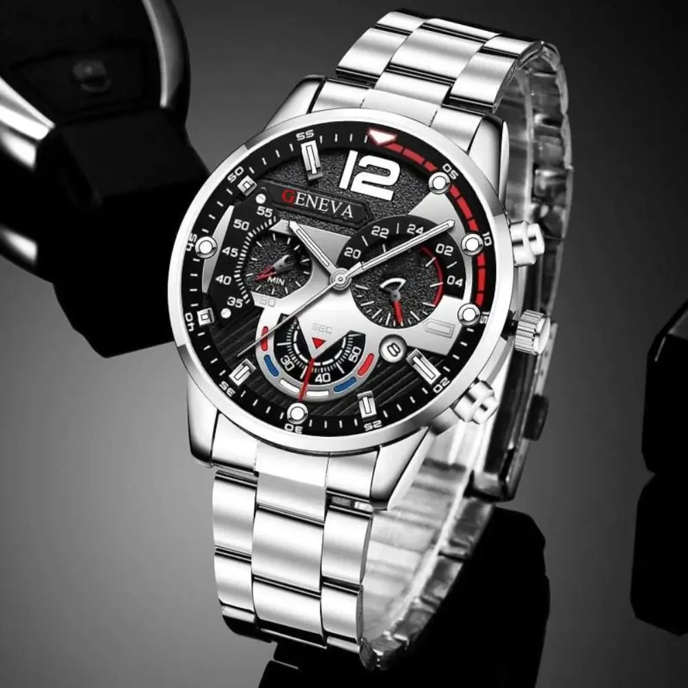 Creative Stainless Steel Watchband Men Wristwatch Six-Pin Glow Pointer Quartz Watch Sport with Calendar Business Watch