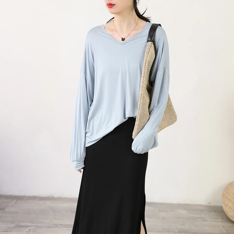 

Футболка из модала Long Sve с эффектом похудения, женская базовая футболка, свободный размер, тонкий однотонный простой топ с v-образным вырезом, длинный утюг