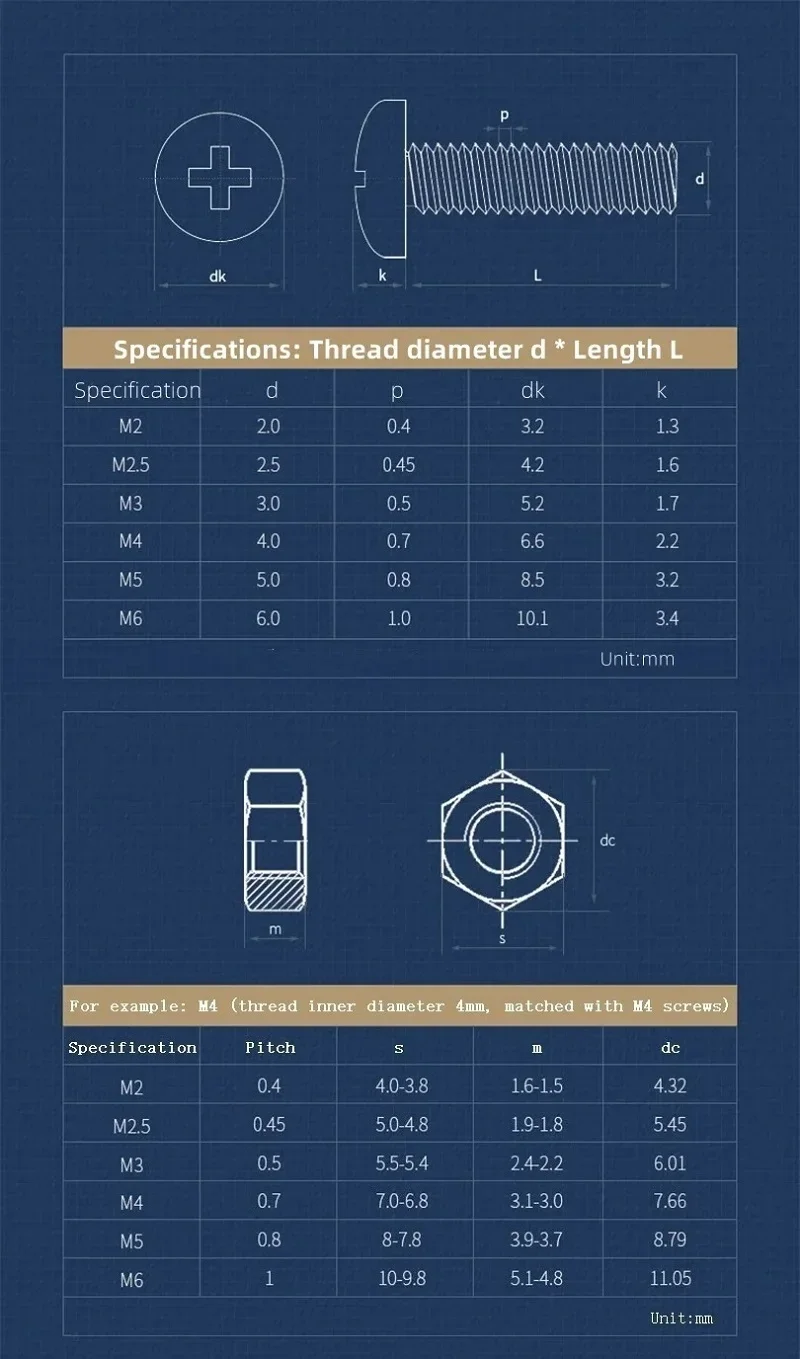 M2 M2.5 M3 M4 M5 M6 Brass Phillips Round Pan Head Bolt Nut Combination Set Copper Cross Recess Machine Screw Length 4~45mm