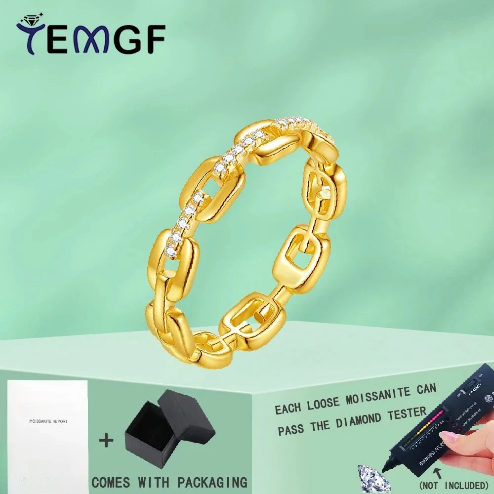 

TEMGF D Color 1mm Moissanite Eternity Ring 925 Sterling Silver Link Chain Design 18K Gold Plated Fine Jewelry for Elegance Women