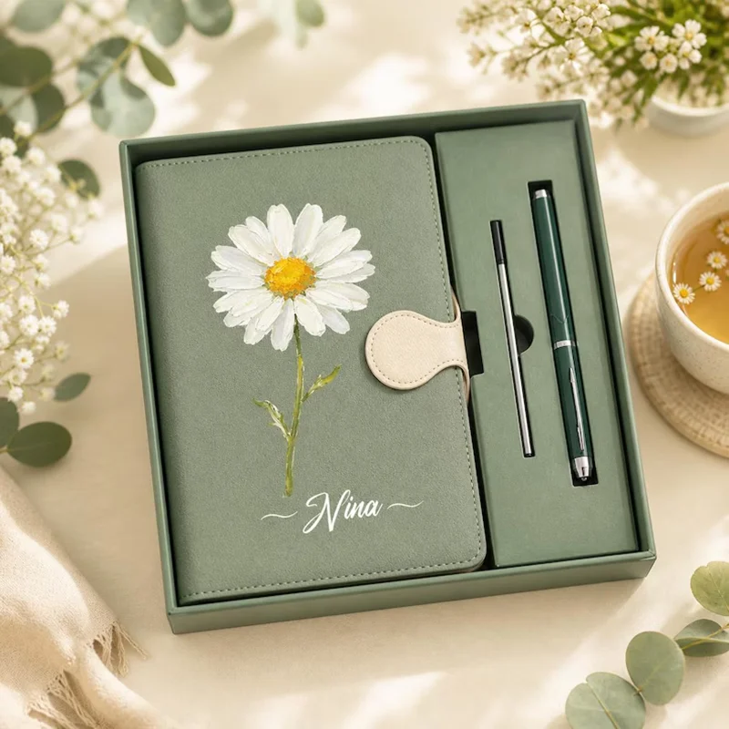 Custom Flowers and Logo/Text/Name Flower Printed Notebook Pen Set PU Leather Journal Diary Thank You Gift Box Gratitude Present