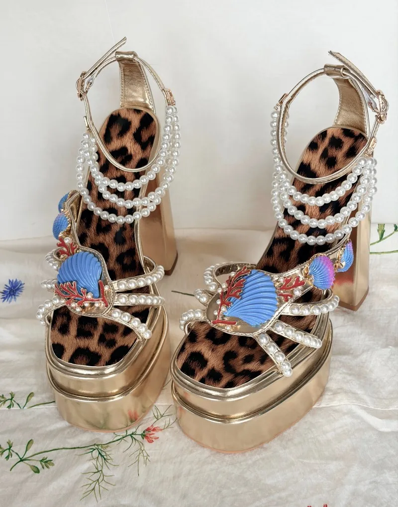 2026 NEW Sandals Women's 14 cm Thick Heel Square Head Buckle Waterproof Table Open Toe Hollow Word with High Heel Sandals