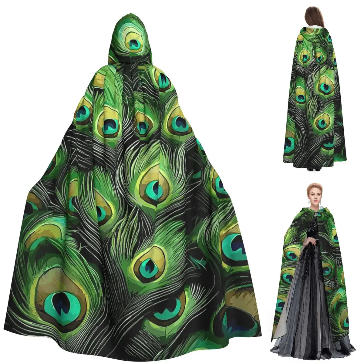 

Длинный плащ с капюшоном и перьями павлина, средневековый костюм ведьмы, накидка для косплея, накидка на Хэллоуин, вампир, для взрослых, унисекс