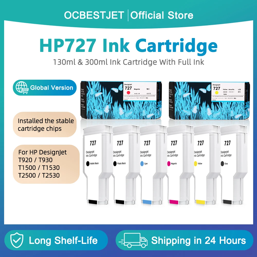 

Для HP 727 Картридж 300 мл с полным чернилом HP727 Для HP DesignJet T920 T930 T1500 T1530 T2500 T2530 Чернильный бак для принтера C1Q12A