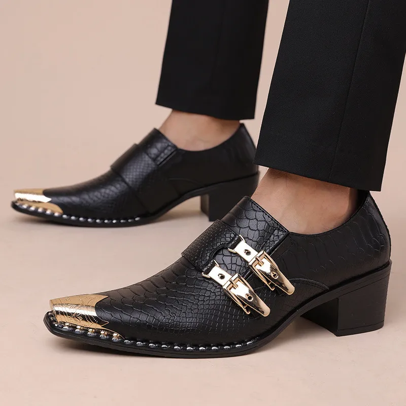 Designer New Men's Slip-On Derby Shoes Black Luxury Pu Snake Leather Pointed Toe Business Dress Shoes Trendy Party Wedding Shoe
