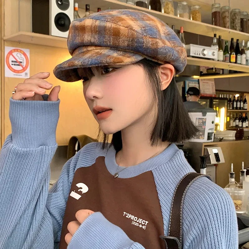 Chic Vintage Plaid Beret Octagonal Hats for Women Classic Beanies Caps Flat Brim Artist Berets Female Painter Cap Boina Mujer