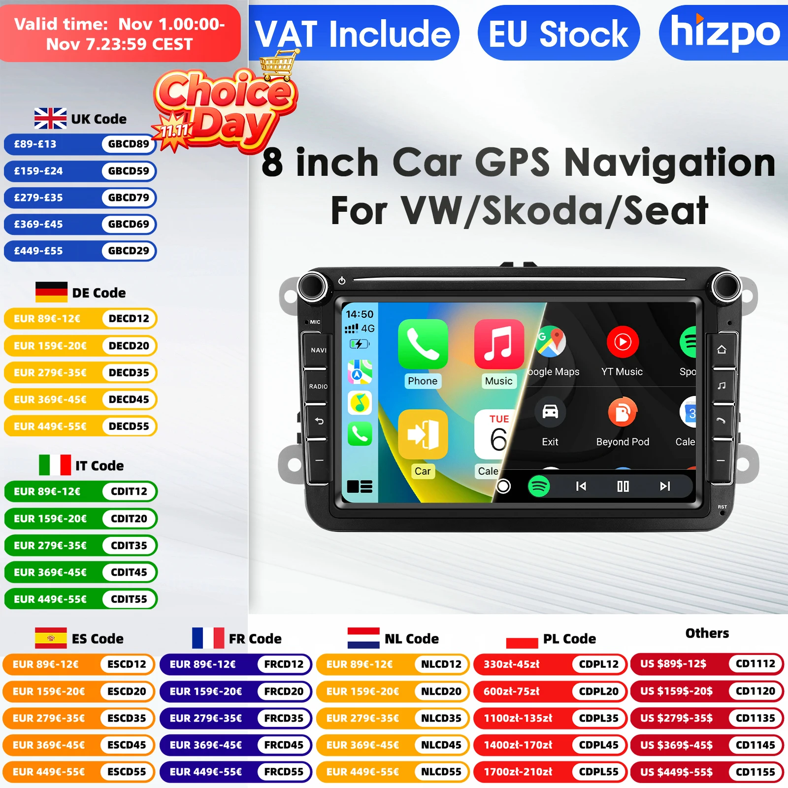 Hizpo 2Din 8'' Carplay 4G AI Systems Android 14 Car Radio forVolkswagen Golf 5 6 Polo Passat B6 B7 CC Skoda Jetta Autoradio