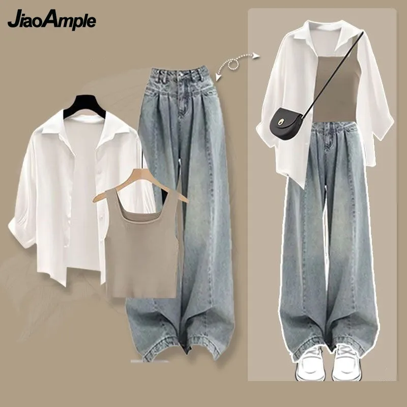 Women\'s Summer New Vintage Jeans Matching Set 2024 Korean Elegant Chiffon Sunscreen Shirt+Vest+Denim Wide Leg Pants 3-Piece Suit