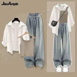 Women's Summer New Vintage Jeans Matching Set 2024 Korean Elegant Chiffon Sunscreen Shirt+Vest+Denim Wide Leg Pants 3-Piece Suit