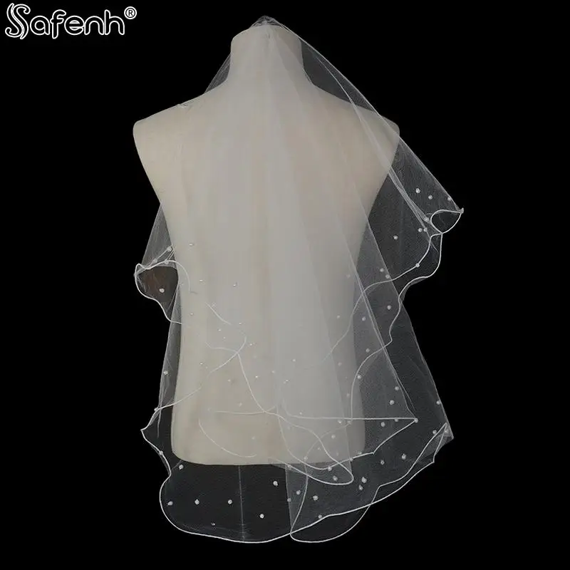 In Stock Cheap White Ivory Three Layers Ribbon Edge Wedding Veil With Pearls Short 3 Layers Bridal Veil 100cm*135cm