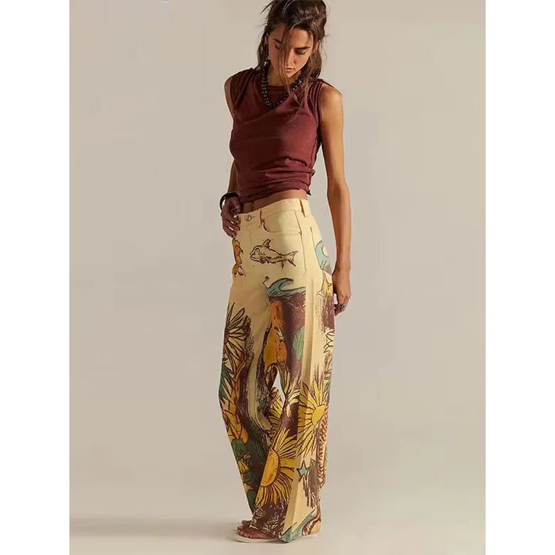 Vintage Women's Printed Jeans 2026 Fashion High Waist Button Pocket Straight Leg Denim Pants Y2k Lady Chic Holiday Streetwear