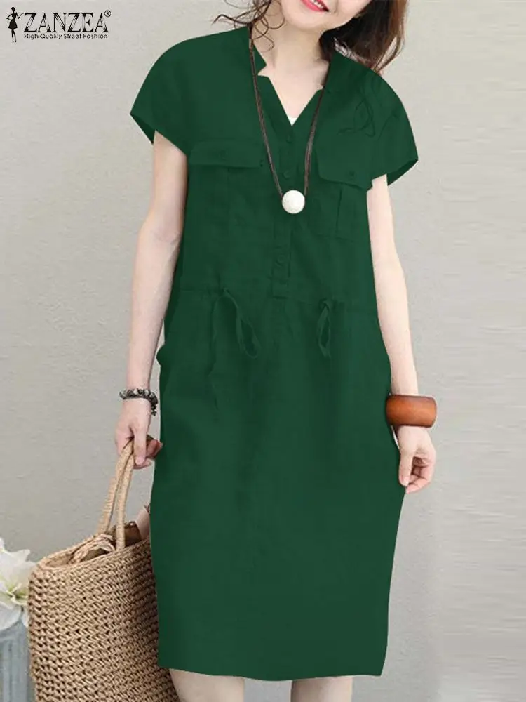 ZANZEA Summer Short Sleeve Solid Knee-length Dress Fashion Women V Neck Casual Drawstring Waist Vestidos Party Beach Sundress