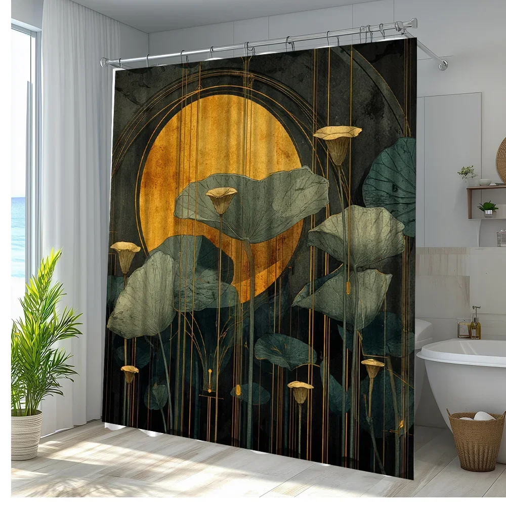 11pc luxury bathroom curtain-elegant lotus curtain with golden decoration, 70x 70 inches, including 12 hooksVVV